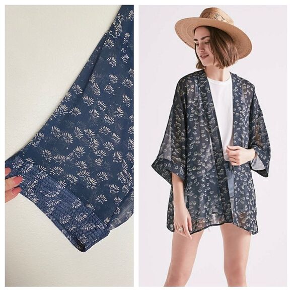 Lucky Brand Swim Kimono Coverup Navy Cream Vacation Beach Sheer - Picture 3 of 9
